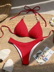 SHEIN Swim 珍珠細節掛脖三角杯比基尼泳裝 - 紅色 - 查看 1