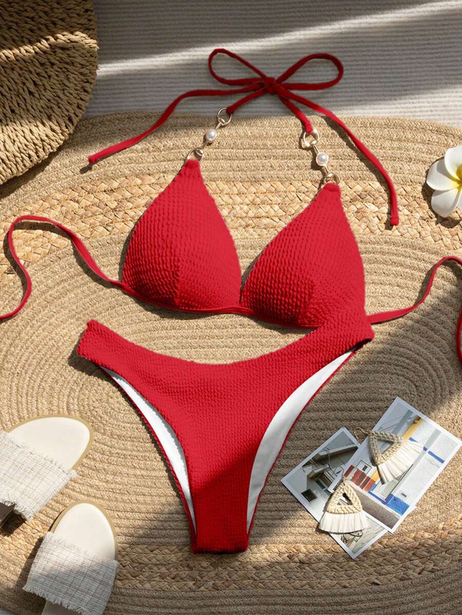 SHEIN Swim 珍珠細節掛脖三角杯比基尼泳裝 - 紅色 - 查看 1