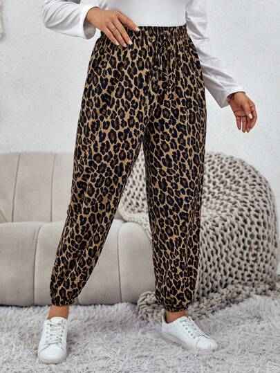 SHEIN LUNE Talla grande Pantalones con estampado de leopardo de cintura con cordón