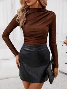 SHEIN Clasi Camiseta de cuello alto fruncido - Marrón Chocolate - Ver 6