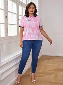 Mindsi Plus Heart and Letter Graphic Striped Trim Polo Neck Tee - Multicolor - View 3