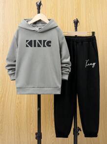 SHEIN Cậu bé Tween Đồ họa Chữ cái Áo Hoodie & Quần thể thao - Nhiều màu - Xem 4