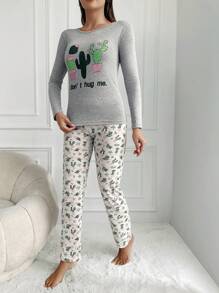 SHEIN Cottnline Cactus And Slogan Graphic PJ Set - Multicolor - View 4