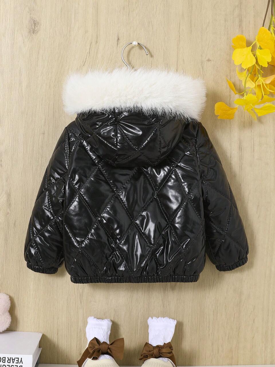 Baby Girl Casual Hooded Jacket With Shiny Surface, Warm Fur Collar For Autumn And Winter