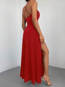 EURMUSE Draped Collar Split Thigh Cami Dress - Red - View 2