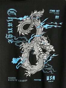 Manfinity RebelGame Áo hoodie trễ vai in khẩu hiệu và hình rồng cho nam dáng rộng - màu đen - Xem 4