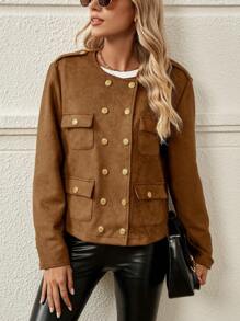SHEIN LUNE Flap Pocket Double Breasted Jacket - Brown - View 3