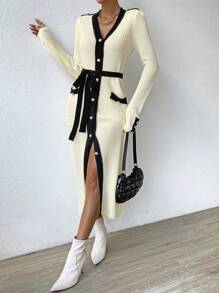 Chiquease Contrast Trim Button Front Ribbed Knit Cardigan - Beige - View 6