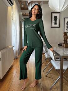 RueChic Slogan Graphic Ribbed Knit Lounge Set - Green - View 5