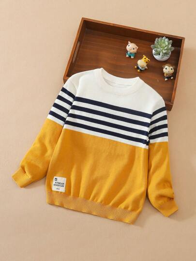 Tween Boy Collegiate Style Round Neck Striped Lightweight Sweater, Spring & Fall