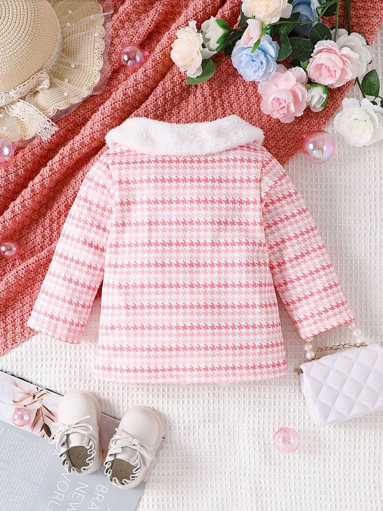 Baby Girl Houndstooth Print Borg Collar Bow Front Coat