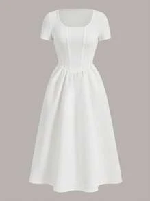 SHEIN EZwear Cổ vuông Chất rắn Váy chữ A - trắng - Xem 1