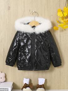 SHEIN 女寶寶休閒連帽外套,亮面,保暖毛領秋冬 - 黑色 - 查看 4