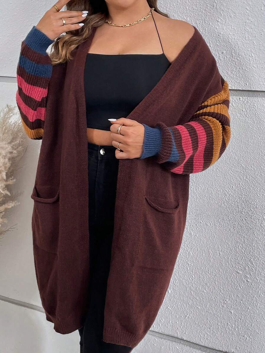 SHEIN LUNE Áo khoác cardigan họa tiết sọc cỡ lớn thả vai - Màu nâu Sô-cô-la - Xem 1