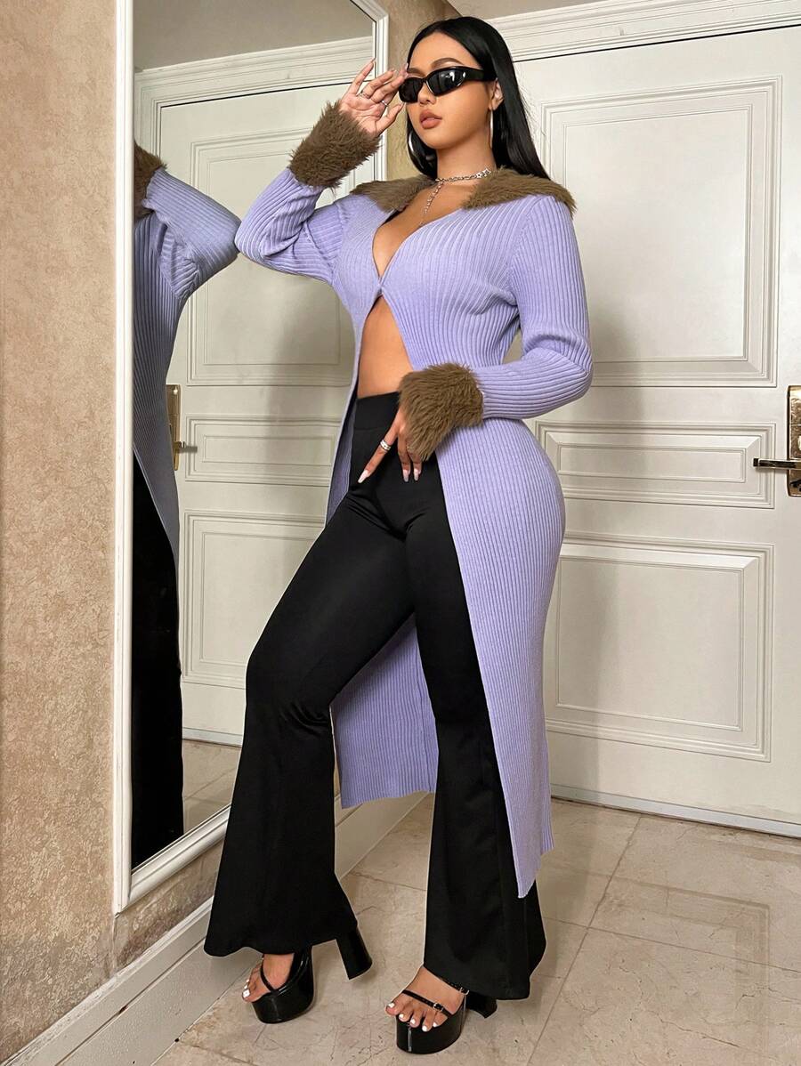 SHEIN ICON Plus Fuzzy Cuff Ribbed Knit Cardigan - Mauve Purple - View 1