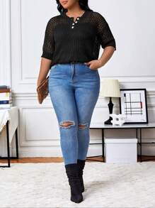Calvaya 大碼半排扣網眼針織上衣 - 黑色 - 查看 3