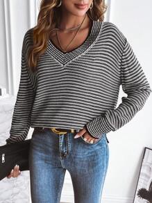 SHEIN Unity Striped Pattern Drop Shoulder Knit Pullover Fall Winter Sweater - Black and White - View 4