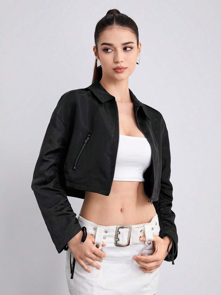 Drawstring Sleeve Zip Up Crop Blouse