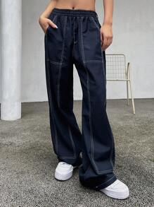 DAZY Khâu trên cùng Eo đàn hồi Quần ống rộng - Màu xanh hải quân - Xem 1