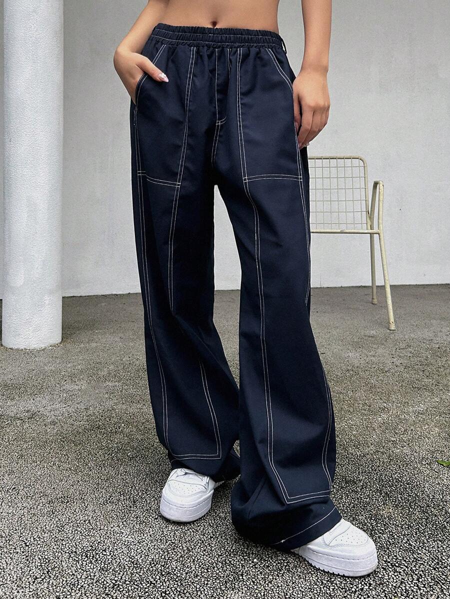 DAZY Khâu trên cùng Eo đàn hồi Quần ống rộng - Màu xanh hải quân - Xem 1