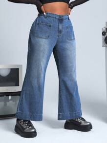 SHEIN ICON Plus Flare Leg Jeans - Medium Wash - View 6