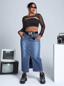 SHEIN SXY 大碼高腰高衩牛仔半身裙 - 中等水洗藍 - 查看 3