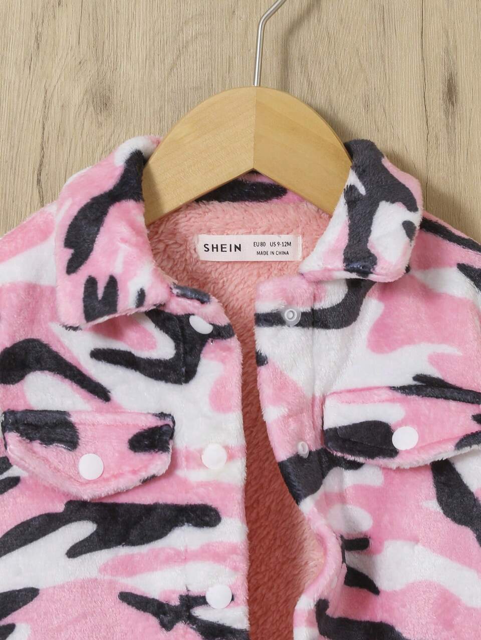 Baby Girl Camo Print Flap Pocket Teddy Lined Coat
