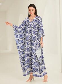 Al Najma Allover Print Batwing Sleeve Kaftan