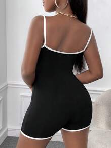 Slaydiva 撞色滾邊吊帶緊身連體短褲 - 黑色 - 查看 2