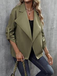 EMERY ROSE 大翻領捲邊袖開門襟夾克 - 軍綠色 - 查看 3