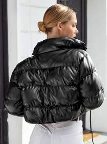 EURMUSE Drawstring Hem Zip Up Puffer Coat - Black - View 2