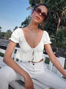 Lunelith SHEIN Lunessa Solid Puff Sleeve Ruffle Hem Top