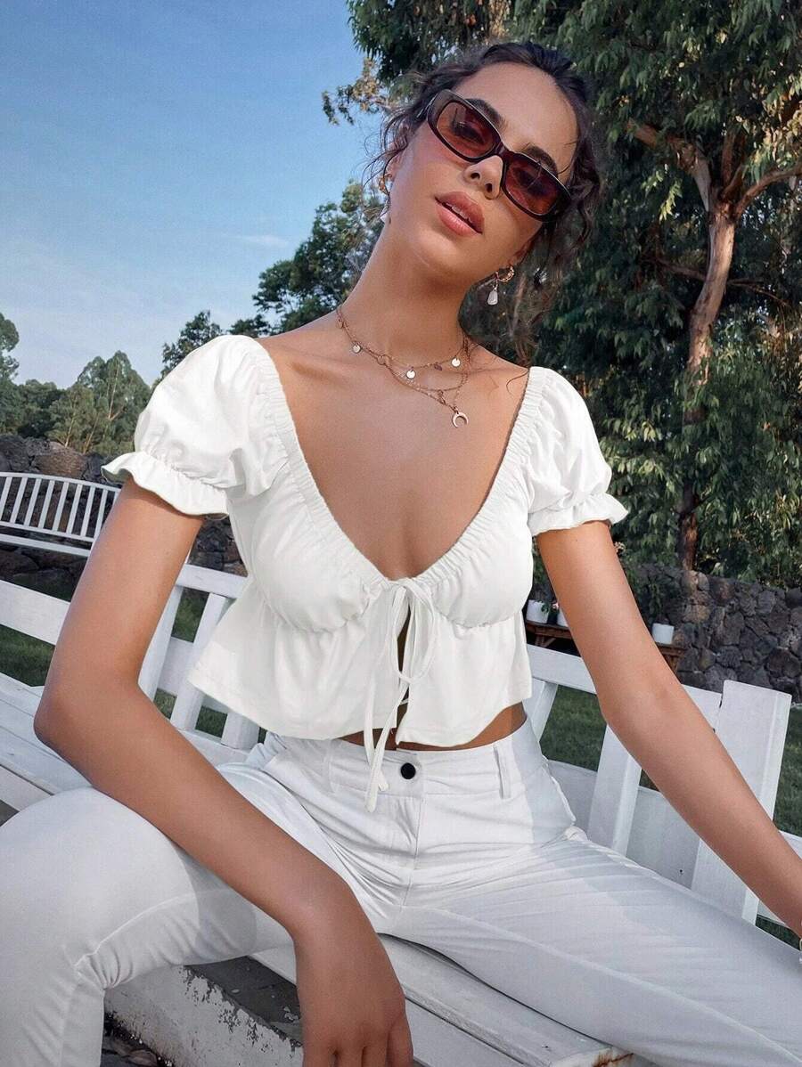 Lunelith SHEIN Lunessa Solid Puff Sleeve Ruffle Hem Top