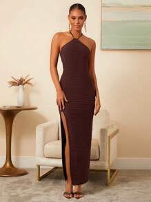 COSMINA Women Dresses Backless Tie Back Split Thigh Plain Seksi - Chocolate Brown - View 3