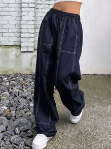 DAZY Khâu trên cùng Eo đàn hồi Quần ống rộng - Màu xanh hải quân - Xem 7