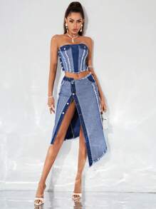 SHEIN BAE 毛邊緣不對稱下擺牛仔抹胸上衣 - 中等水洗藍 - 查看 4