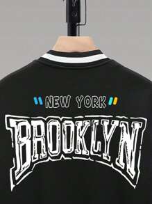 Manfinity Roghcode 男士字母圖案雙色學院風夾克 - 黑色 - 查看 6