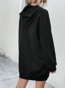 SHEIN LUNE Slogan Graphic Drop Shoulder Drawstring Hooded Sweatshirt Dress - Black - View 2