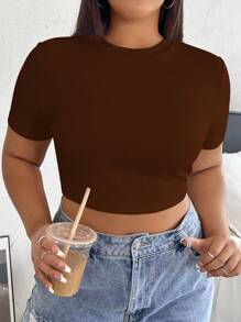SHEIN EZwear Plus Solid Crop Tee - Coffee Brown - View 1