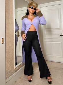 SHEIN ICON Plus Fuzzy Cuff Ribbed Knit Cardigan - Mauve Purple - View 5