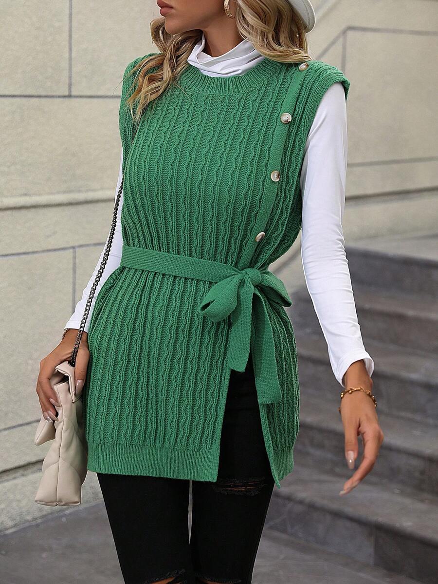 SHEIN LUNE 1pc Button Detail Cable Knit Belted Sweater Vest