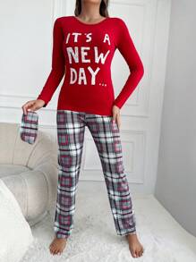RueChic Slogan Graphic Tee & Plaid Print Pants PJ Set - Multicolor - View 3