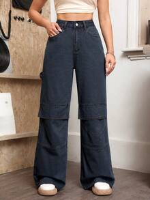 SHEIN EZwear Flap Pocket Wide Leg Jeans - Black - View 4