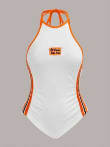 SHEIN ICON Slogan Đã vá Tương phản ràng buộc Áo hai dây - trắng - Xem 1