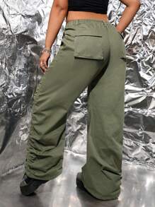 SHEIN ICON Talla grande Jeans fruncido de pierna ancha sin cinturón - Verde militar - Ver 2