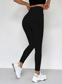 SHEIN Unity 素色高腰緊身打底褲 - 黑色 - 查看 2