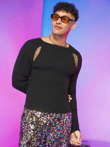 FeverCity 男士纯色镂空毛衣，适合秋冬 - 黑色 - 查看 5