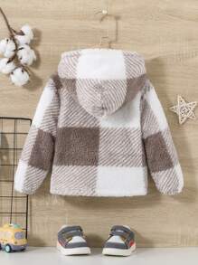 SHEIN Đứa bé trai In kẻ sọc Buffalo Chi tiết vá áo có mũ Áo khoác Teddy Không có áo len - Nhiều màu - Xem 2