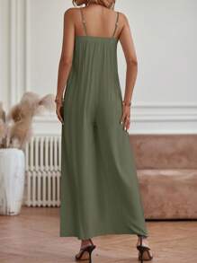 SHEIN LUNE 素色闊腿吊帶連體褲 - 綠色 - 查看 2