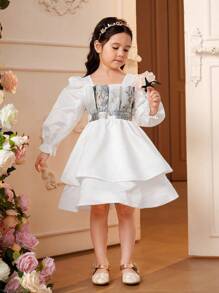 SHEIN 女小童方領喇叭袖層疊下擺洋裝 - 白色 - 查看 4